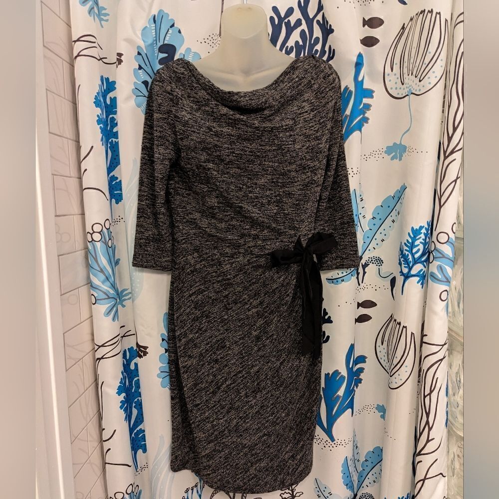 Just Taylor Charcoal Grey Heather Knit Cowel Neck Dress 3/4 Length Sleeves Sz 6